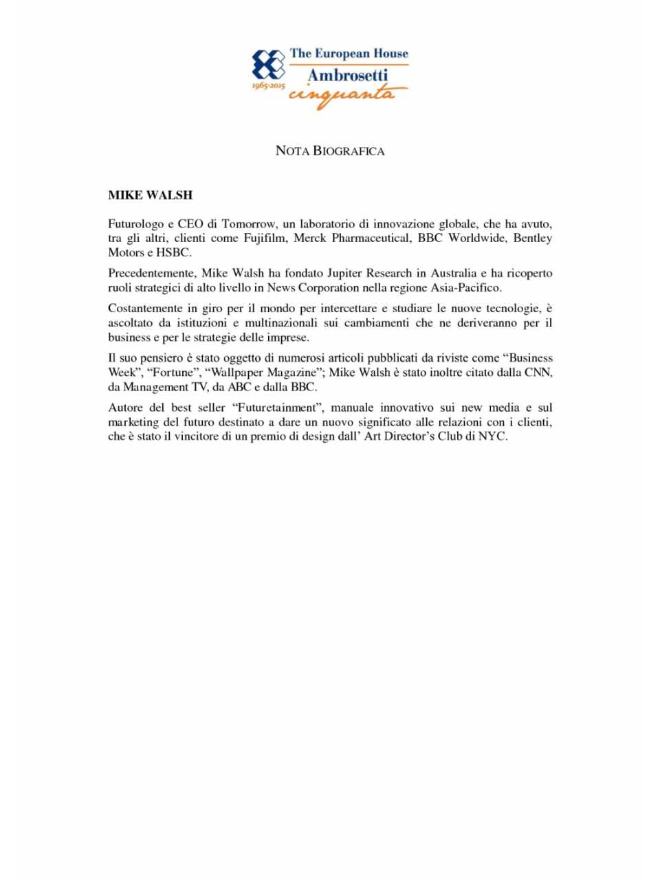 Nota biografica - Mike Walsh
