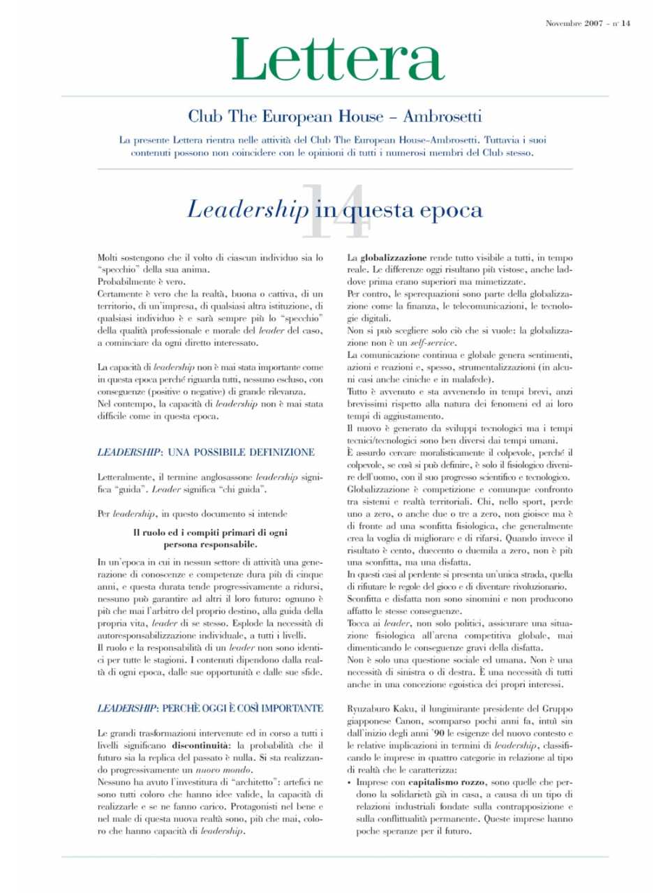 Lettera Club n. 14 - Leadership in questa epoca