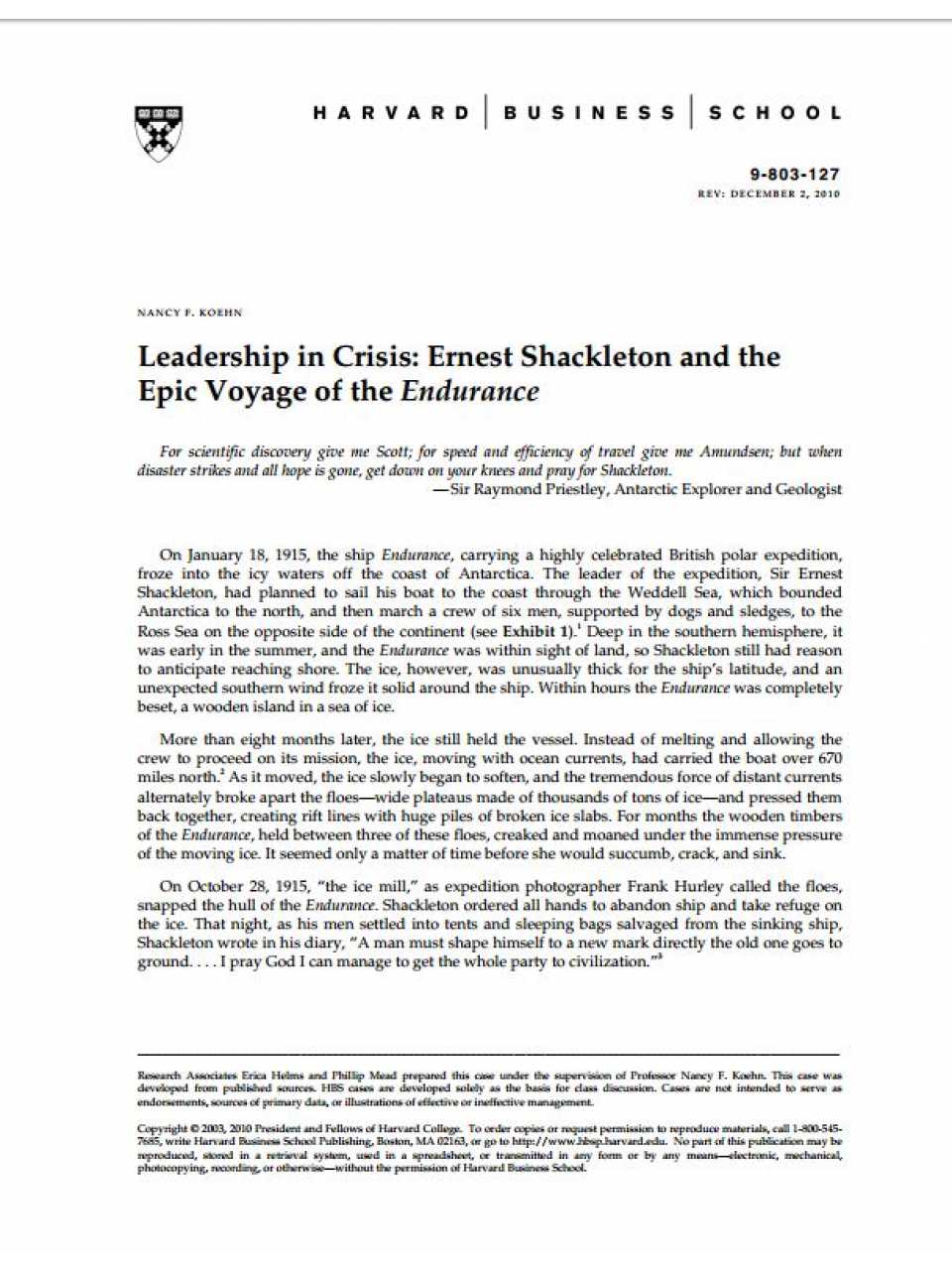 Leadership in crisis: Ernest Shackleton and the epic voyage of the endurance