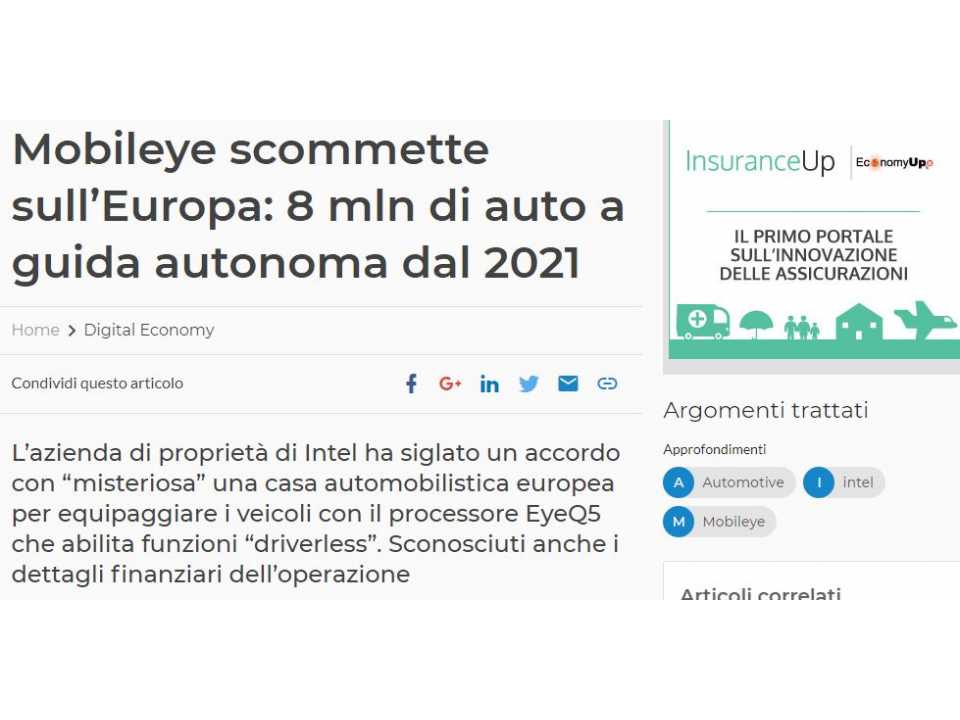 Mobileye scommette sull’Europa: 8 mln di auto a guida autonoma dal 2021